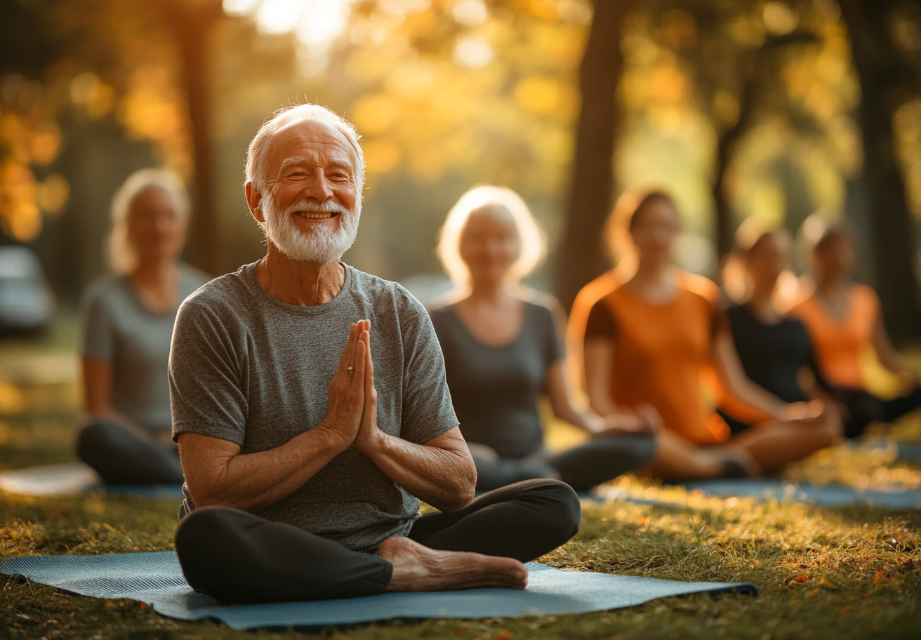 Група людей зрілого віку займається йогою в парку